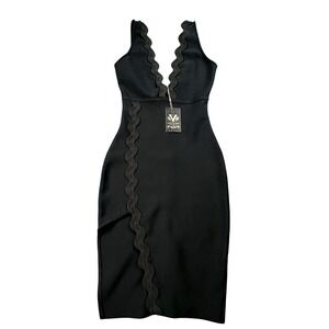 VALIANT‎ PARIS Black Bandage Bodycon Dress S Scallop Trim V-Neck MSRP $259